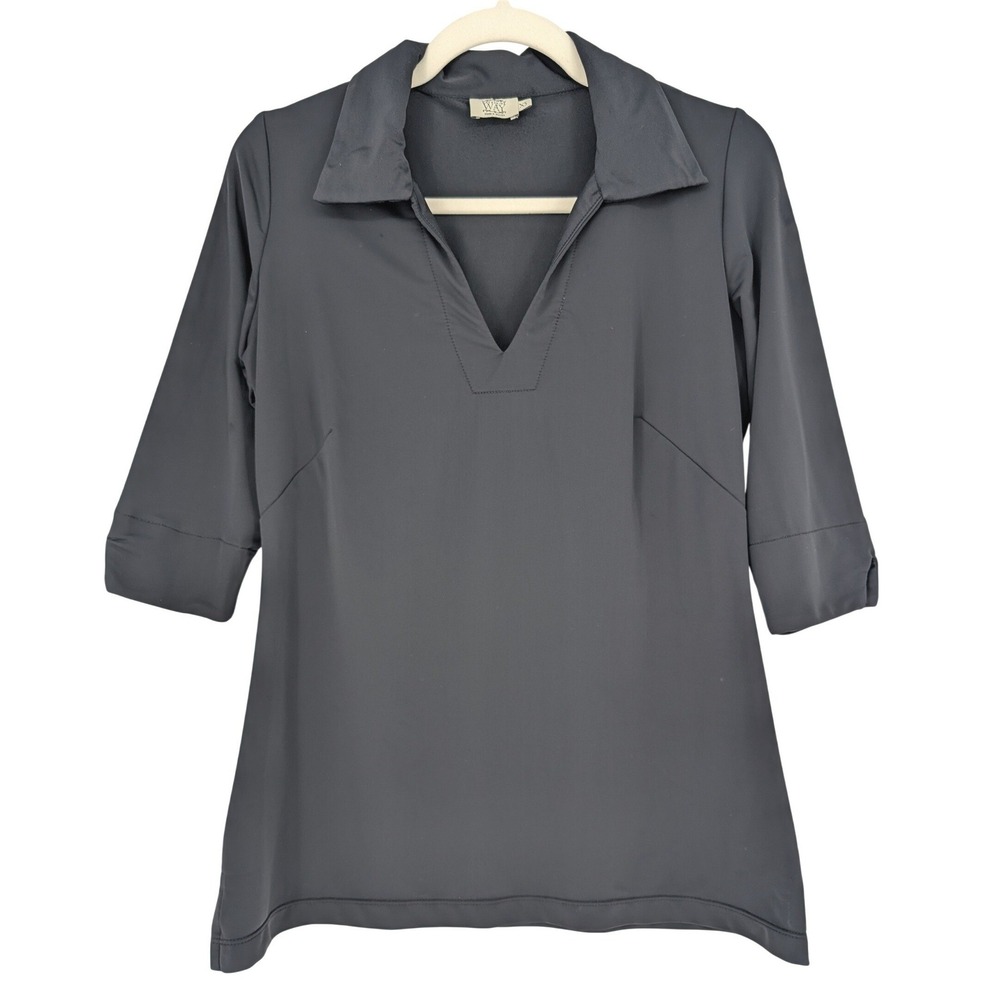 Katherine Way Tunic Top Women XS Black 3/4 Sleeve V-Neck Collared Stretch Preppy